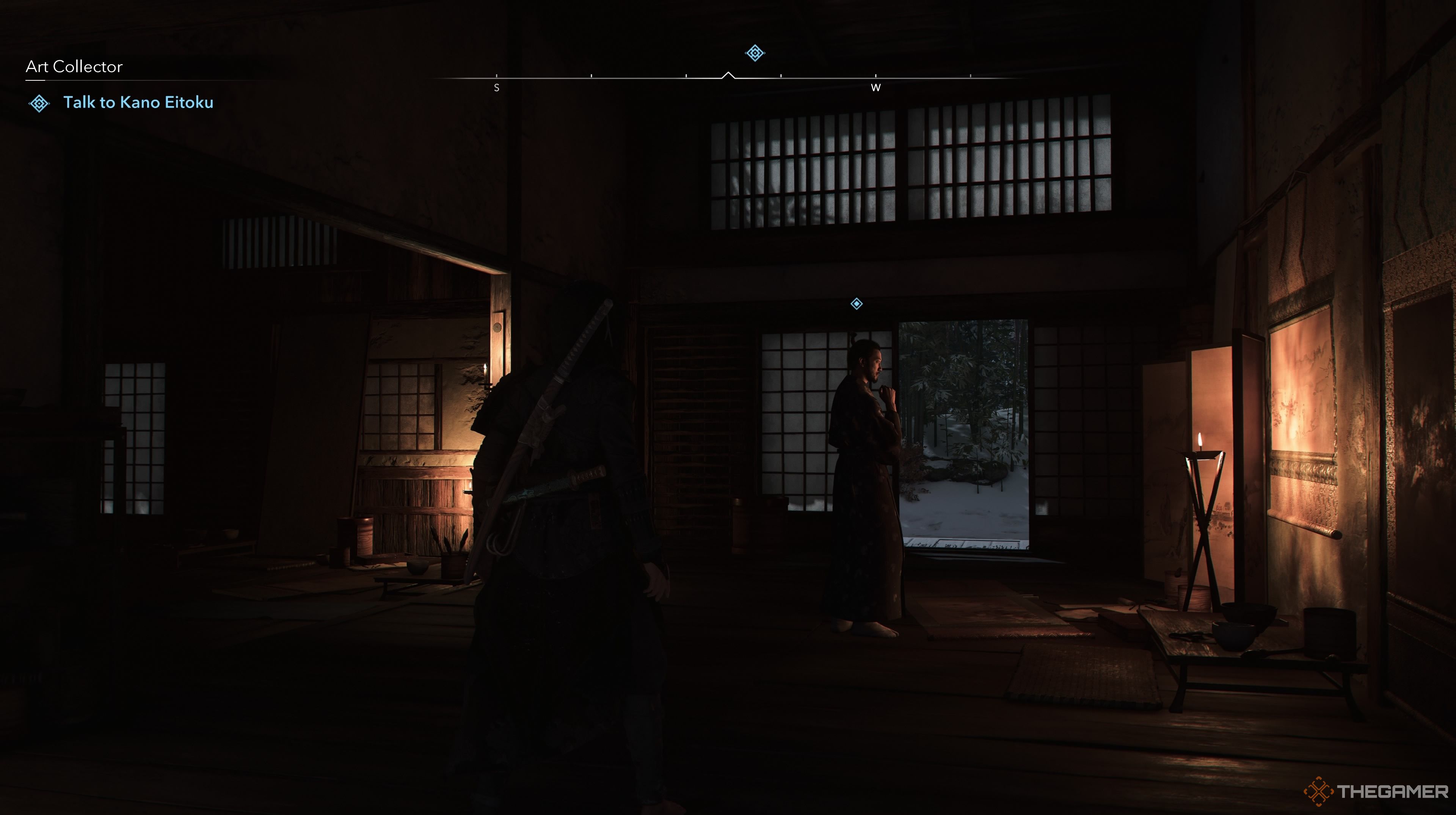 Naoe looking at Kano who is standing in front of a painting.