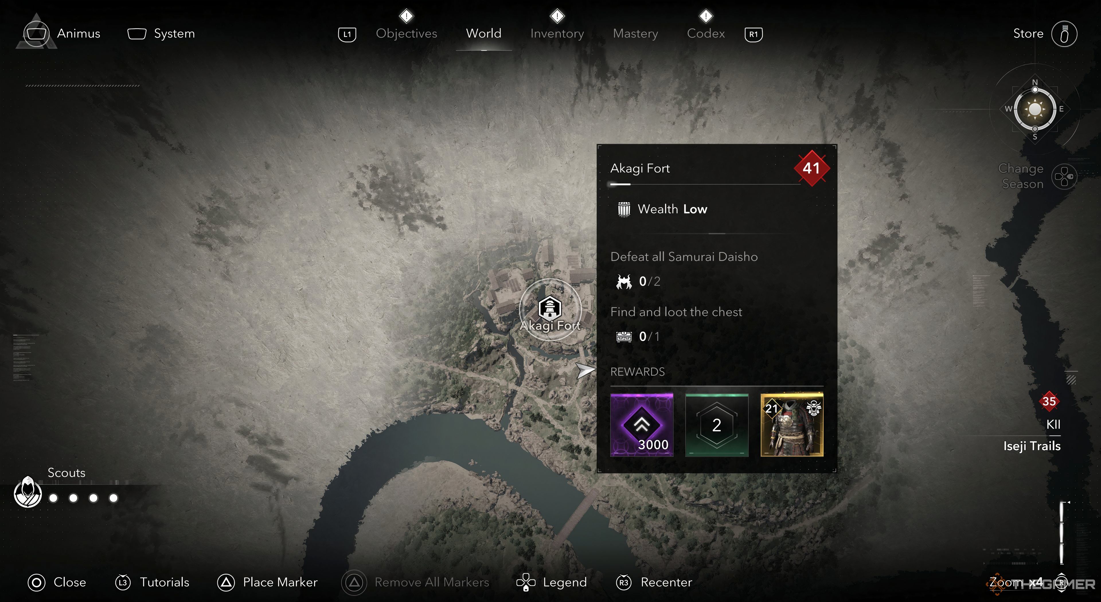 Assassins Creed Shadows Akagi Fort highlighted with the information panel. On the bottom of the panel, you can see the rewards.