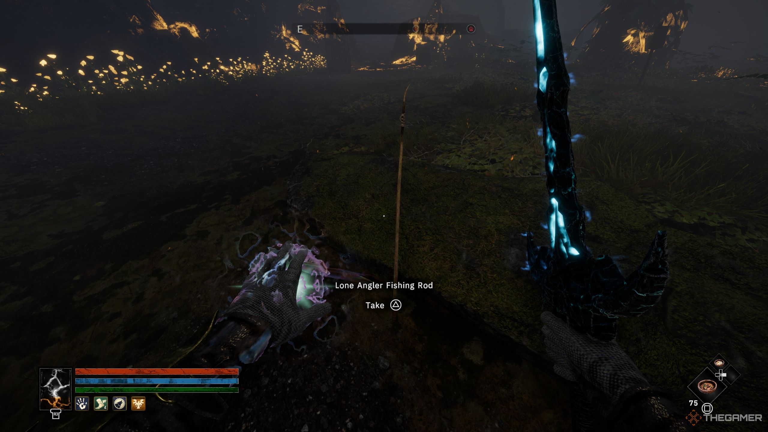 Player about to pick up the Lone Angler fishing rod - Tainted Grail The Fall Of Avalon